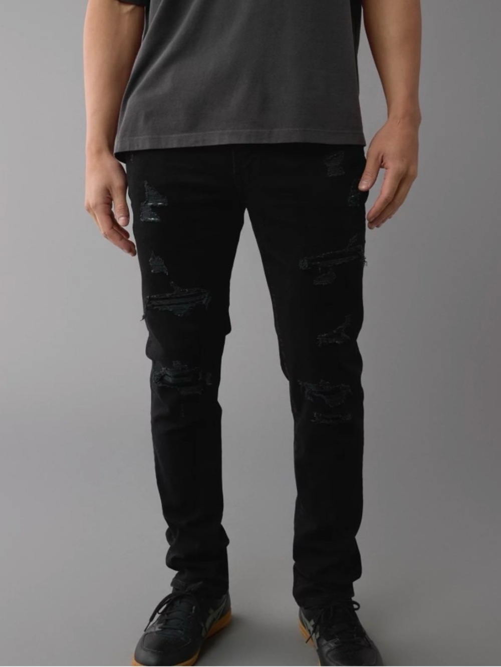 American Eagle Men's Airflex+ Black Ripped Slim Jeans